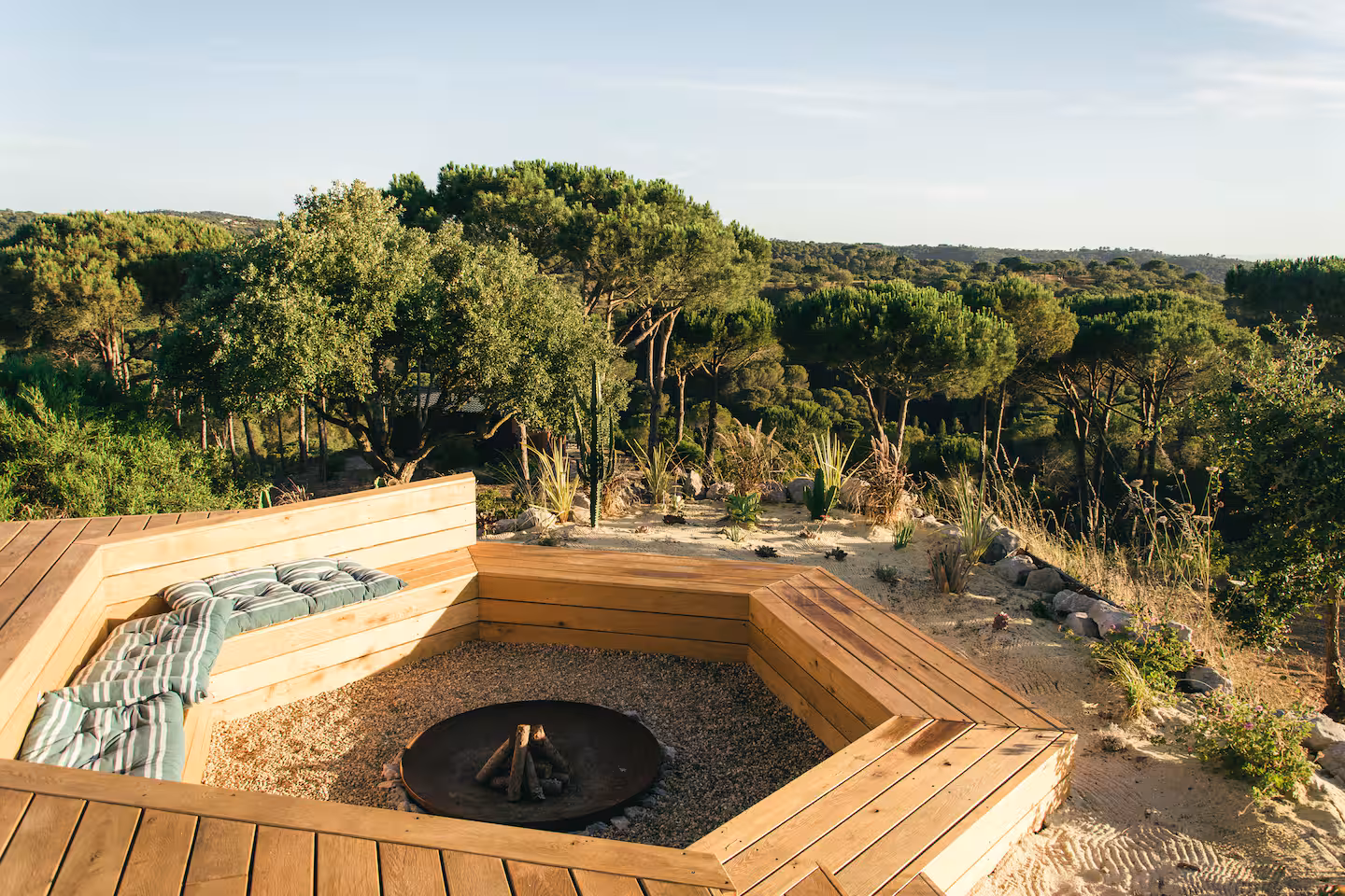 Sunken fire pit overlooking the cork oaks